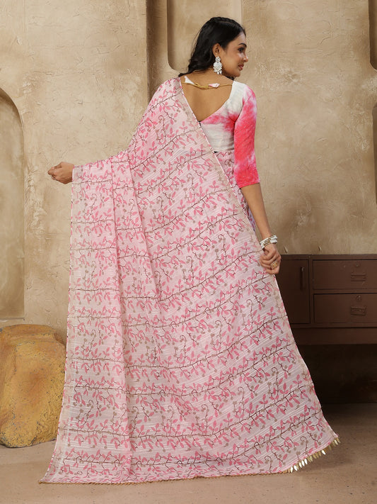 Stylum Women's Pestal Pink Printed Zari Border Linen Saree with Fancy Blouse (SRROMANIYAPINK)