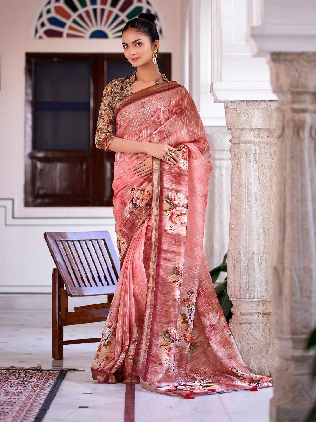 Stylum Women's Peach Digital Print Zari Border Linen Saree (SRRUBYPEACH)