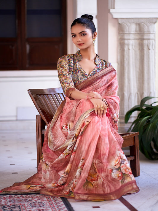 Stylum Women's Peach Digital Print Zari Border Linen Saree (SRRUBYPEACH)