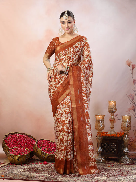 Stylum Women's Rust Paisley Print Kankawati Silk Saree (SRRUSTHOPE)