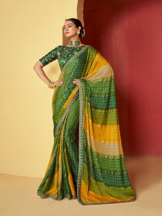 Stylum Women's Green Leheriya Coding Border Foil Chiffon Saree (SRSAANVIGREEN)