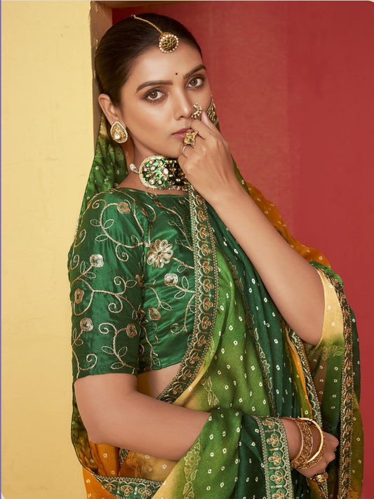 Stylum Women's Green Leheriya Coding Border Foil Chiffon Saree (SRSAANVIGREEN)