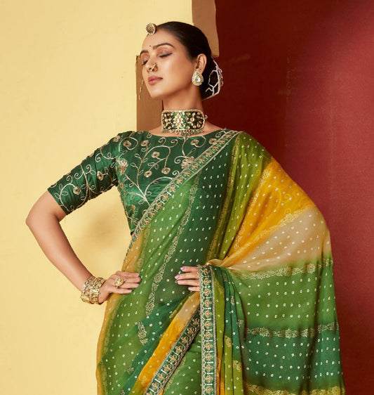 Stylum Women's Green Leheriya Coding Border Foil Chiffon Saree (SRSAANVIGREEN)