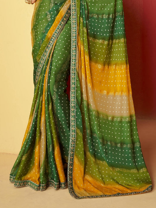 Stylum Women's Green Leheriya Coding Border Foil Chiffon Saree (SRSAANVIGREEN)