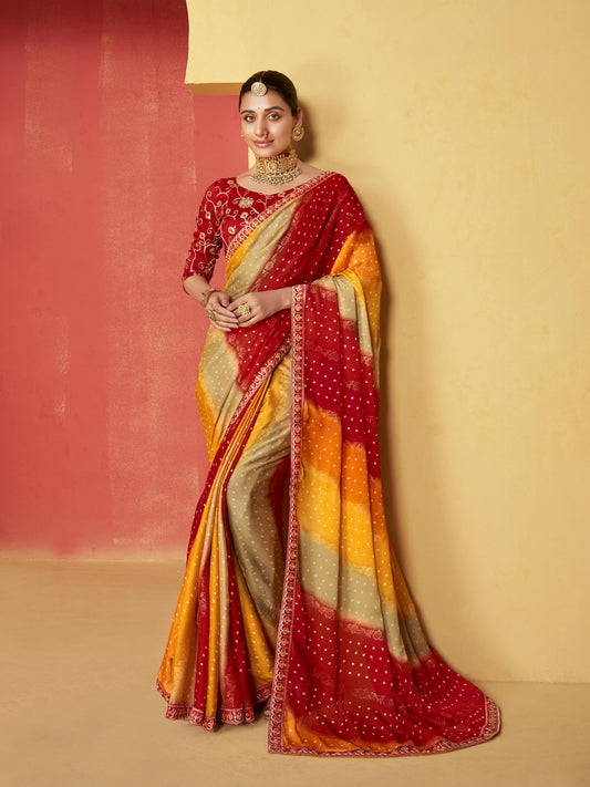 Stylum Women's Red Leheriya Coding Border Foil Chiffon Saree (SRSAANVIRED)