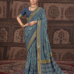 Stylum Women's Geometric Printed Zari Border Silk Saree (SRSCROSSBLUE)