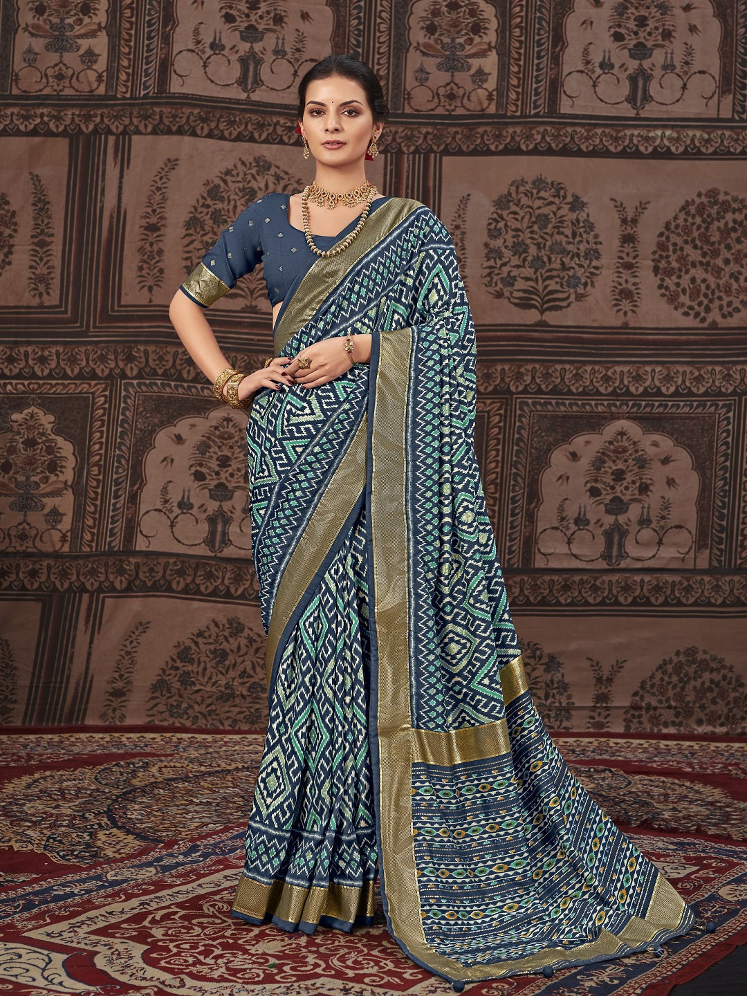 Stylum Women's Geometric Printed Zari Border Silk Saree (SRSCROSSBLUE)