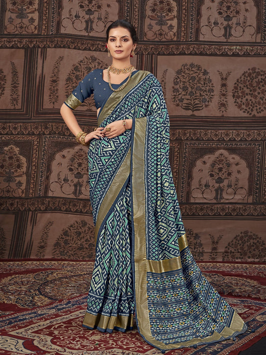 Stylum Women's Geometric Printed Zari Border Silk Saree (SRSCROSSBLUE)