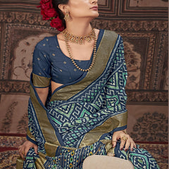 Stylum Women's Geometric Printed Zari Border Silk Saree (SRSCROSSBLUE)