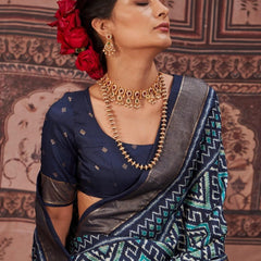 Stylum Women's Geometric Printed Zari Border Silk Saree (SRSCROSSBLUE)