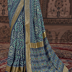 Stylum Women's Geometric Printed Zari Border Silk Saree (SRSCROSSBLUE)