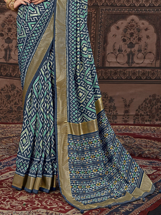 Stylum Women's Geometric Printed Zari Border Silk Saree (SRSCROSSBLUE)