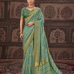 Stylum Women's Geometric Printed Zari Border Silk Saree (SRSCROSSBOTTLEGREEN)