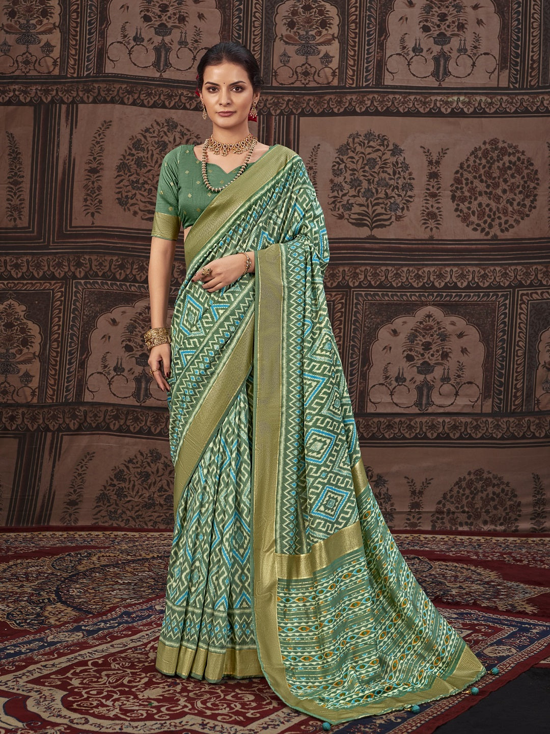 Stylum Women's Geometric Printed Zari Border Silk Saree (SRSCROSSBOTTLEGREEN)