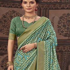 Stylum Women's Geometric Printed Zari Border Silk Saree (SRSCROSSBOTTLEGREEN)
