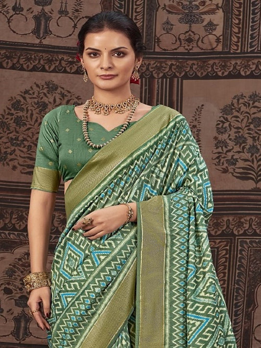 Stylum Women's Geometric Printed Zari Border Silk Saree (SRSCROSSBOTTLEGREEN)