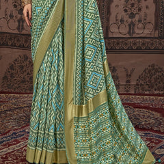 Stylum Women's Geometric Printed Zari Border Silk Saree (SRSCROSSBOTTLEGREEN)