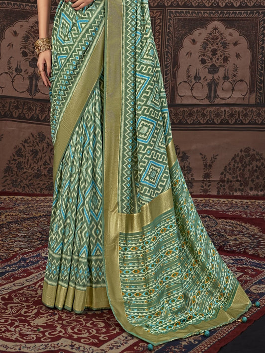 Stylum Women's Geometric Printed Zari Border Silk Saree (SRSCROSSBOTTLEGREEN)