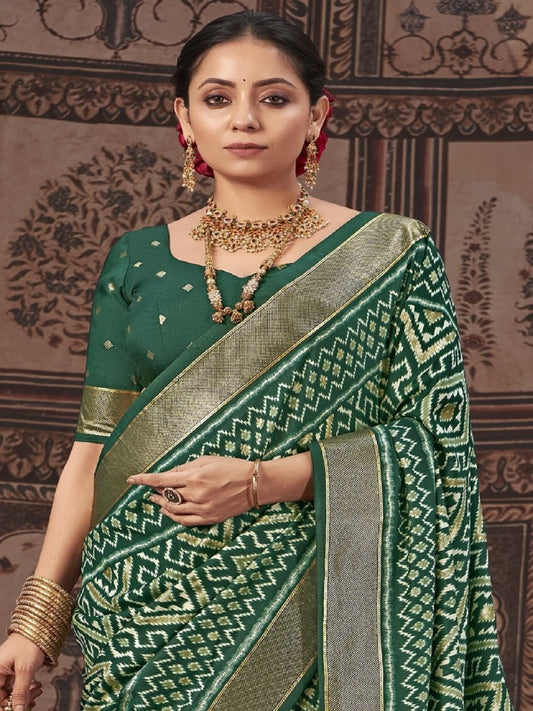 Stylum Women's Geometric Printed Zari Border Silk Saree (SRSCROSSDARKGREEN)