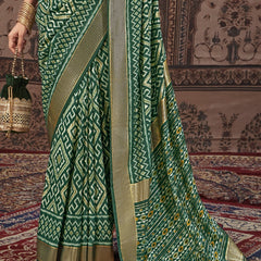Stylum Women's Geometric Printed Zari Border Silk Saree (SRSCROSSDARKGREEN)