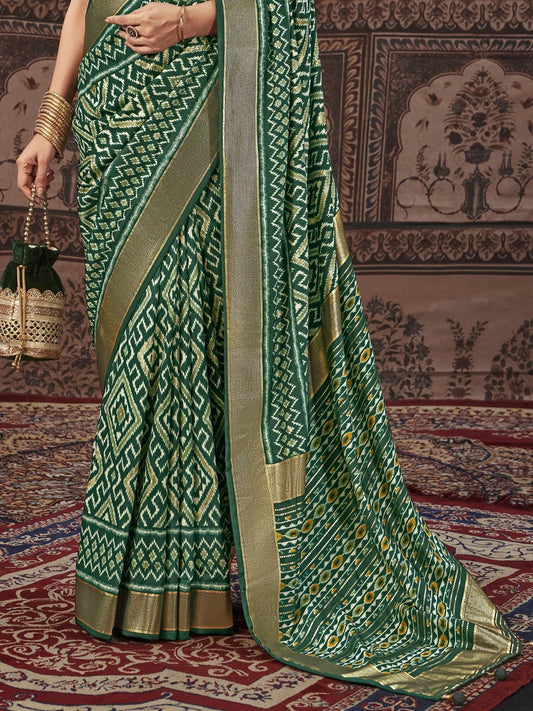 Stylum Women's Geometric Printed Zari Border Silk Saree (SRSCROSSDARKGREEN)