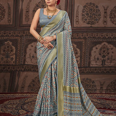 Stylum Women's Geometric Printed Zari Border Silk Saree (SRSCROSSGREY)