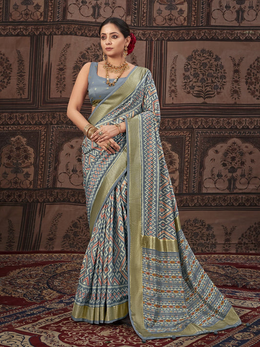 Stylum Women's Geometric Printed Zari Border Silk Saree (SRSCROSSGREY)