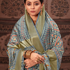 Stylum Women's Geometric Printed Zari Border Silk Saree (SRSCROSSGREY)
