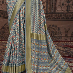 Stylum Women's Geometric Printed Zari Border Silk Saree (SRSCROSSGREY)
