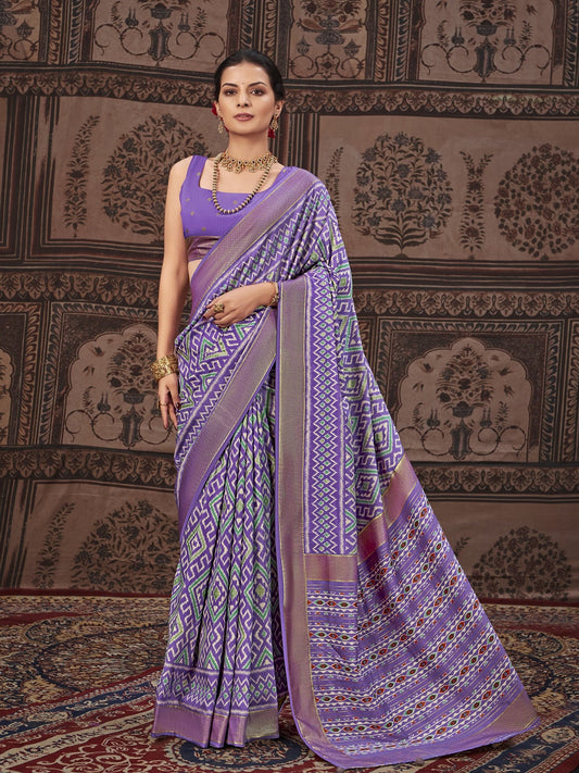 Stylum Women's Geometric Printed Zari Border Silk Saree (SRSCROSSLAVENDER)