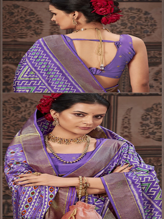 Stylum Women's Geometric Printed Zari Border Silk Saree (SRSCROSSLAVENDER)