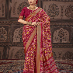Stylum Women's Geometric Printed Zari Border Silk Saree (SRSCROSSMAROON)