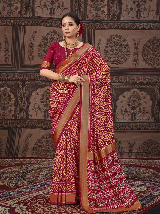 Stylum Women's Geometric Printed Zari Border Silk Saree (SRSCROSSMAROON)