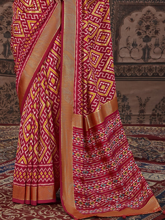 Stylum Women's Geometric Printed Zari Border Silk Saree (SRSCROSSMAROON)