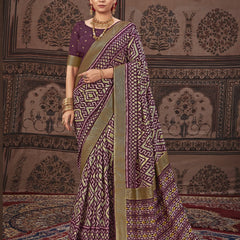 Stylum Women's Geometric Printed Zari Border Silk Saree (SRSCROSSPURPLE)