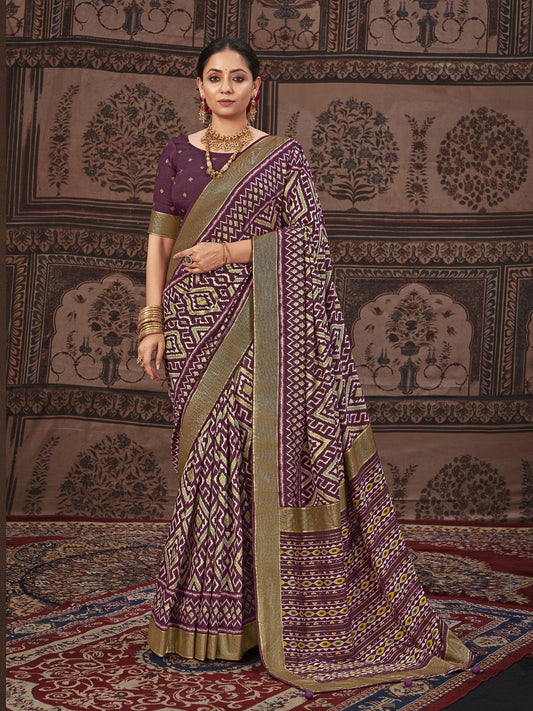 Stylum Women's Geometric Printed Zari Border Silk Saree (SRSCROSSPURPLE)