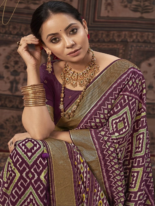 Stylum Women's Geometric Printed Zari Border Silk Saree (SRSCROSSPURPLE)