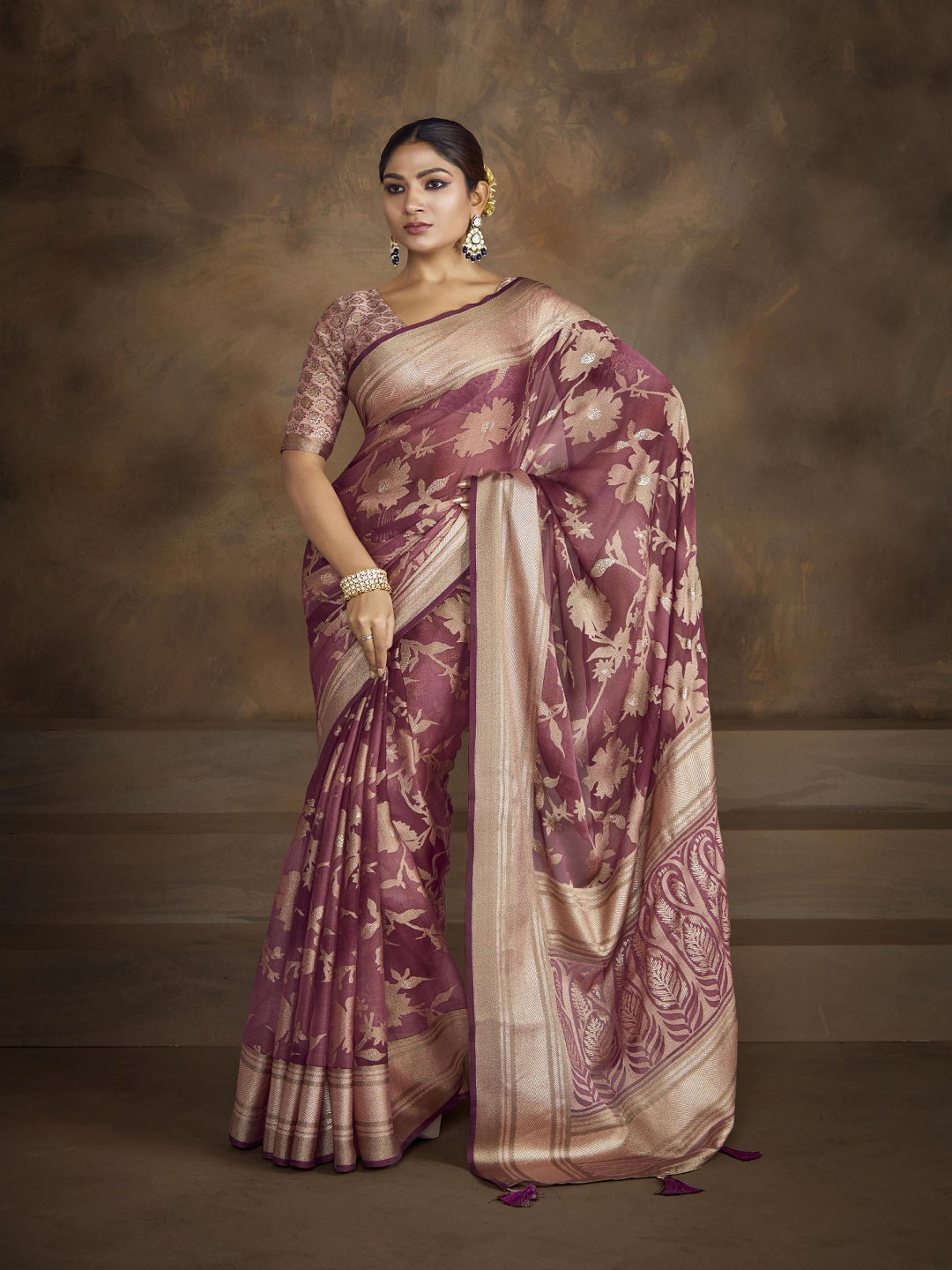 Stylum Women's Mauve Floral Print Moss Brasso Saree (SRSHAGUNMAUVE)