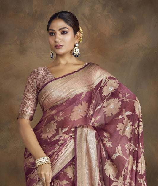 Stylum Women's Mauve Floral Print Moss Brasso Saree (SRSHAGUNMAUVE)