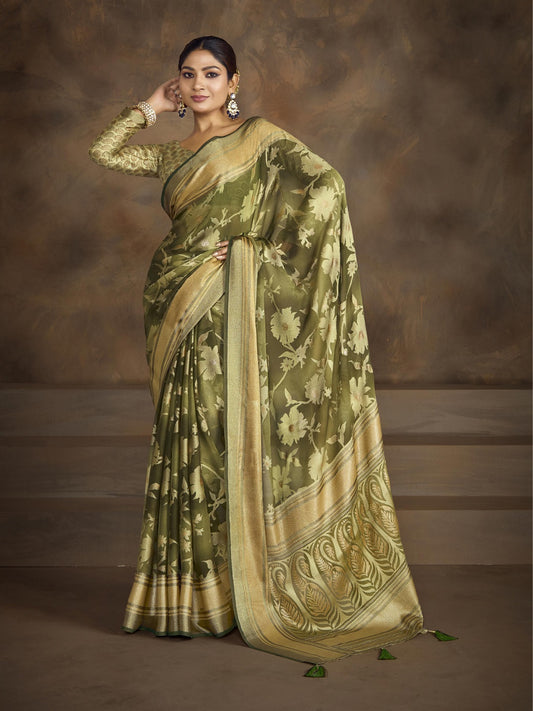 Stylum Women's Mehandi Green Floral Print Moss Brasso Saree (SRSHAGUNMEHANDI)