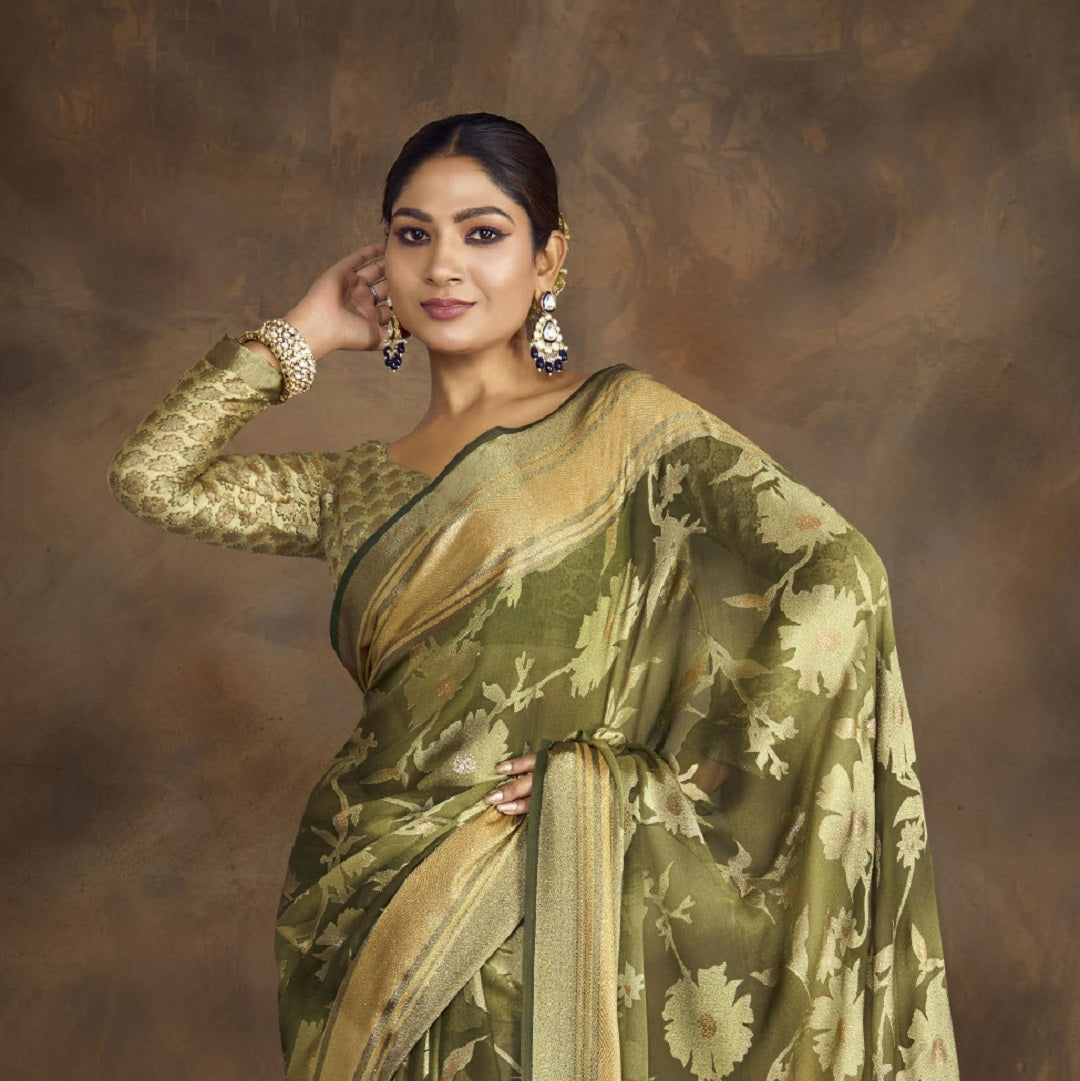 Stylum Women's Mehandi Green Floral Print Moss Brasso Saree (SRSHAGUNMEHANDI)