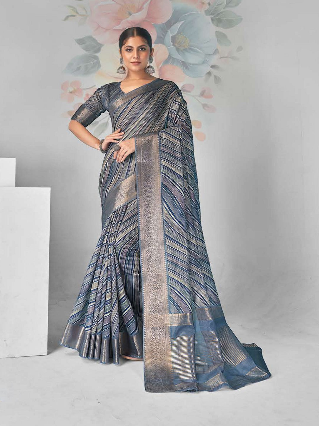 Stylum Women's Blue Leheriya Print With Zari Border Cotton Saree (SRSHAZIYABLUE)