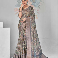 Stylum Women's Grey Zig-Zag Print With Zari Border Cotton Saree (SRSHAZIYAGREY)