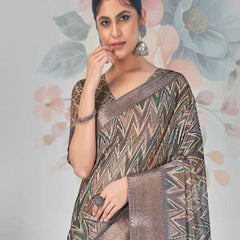 Stylum Women's Grey Zig-Zag Print With Zari Border Cotton Saree (SRSHAZIYAGREY)