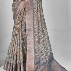 Stylum Women's Grey Zig-Zag Print With Zari Border Cotton Saree (SRSHAZIYAGREY)