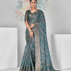Stylum Women's Teal Paisley Print With Zari Border Cotton Saree (SRSHAZIYATEAL)