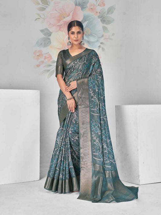 Stylum Women's Teal Paisley Print With Zari Border Cotton Saree (SRSHAZIYATEAL)