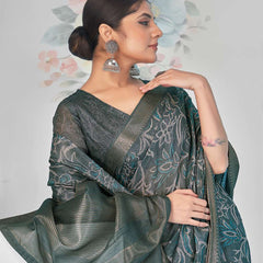 Stylum Women's Teal Paisley Print With Zari Border Cotton Saree (SRSHAZIYATEAL)