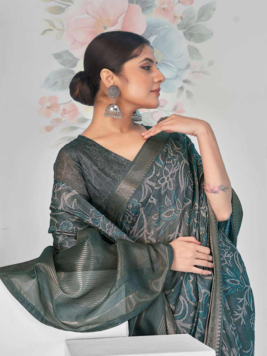 Stylum Women's Teal Paisley Print With Zari Border Cotton Saree (SRSHAZIYATEAL)