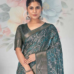 Stylum Women's Teal Paisley Print With Zari Border Cotton Saree (SRSHAZIYATEAL)